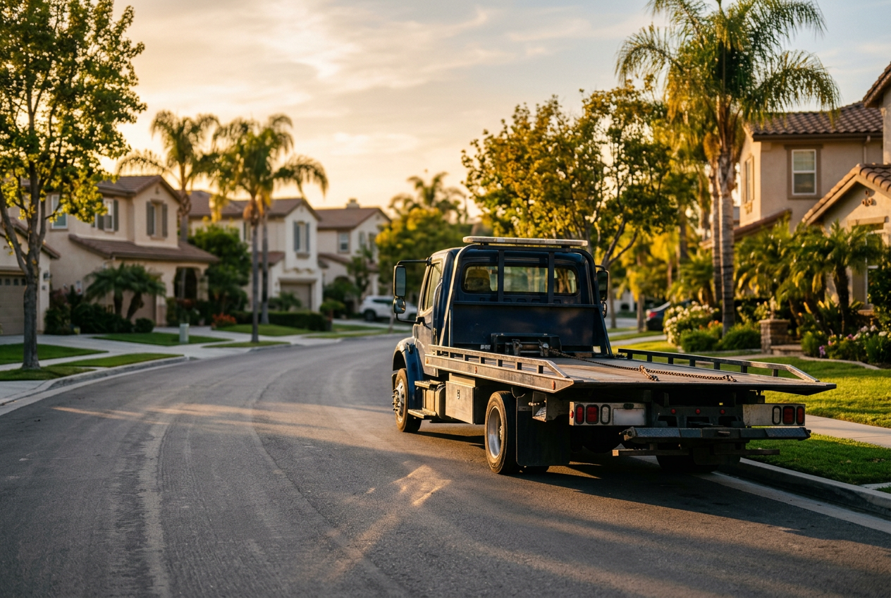Platinium Wheel Towing founder beside flatbed tow truck in a suburban neighborhood