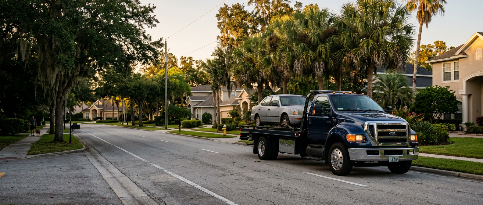 Flatbed tow truck under Florida palms at sunset