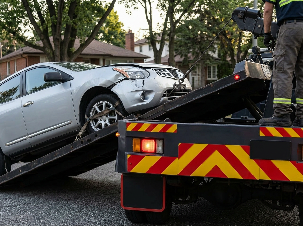 Flatbed tow truck loading a silver sedan at dusk