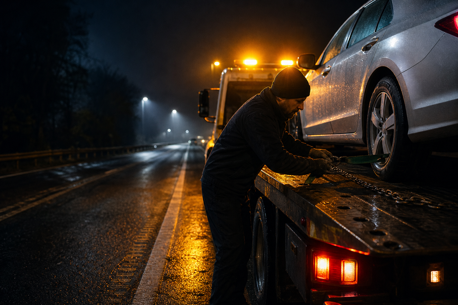 Professional flatbed tow truck operating at night in Orlando